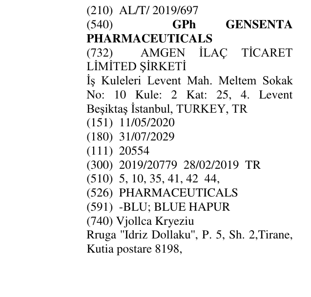 Zëri i markës GPh GENSENTA PHARMACEUTICALS në buletin