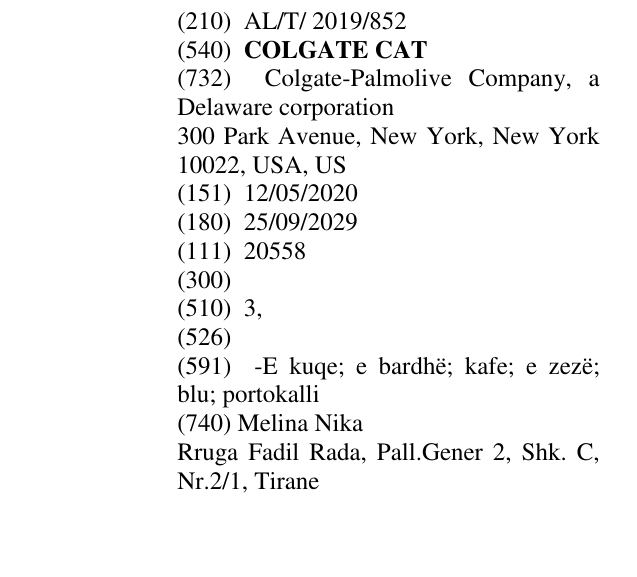 Zëri i markës COLGATE CAT në buletin