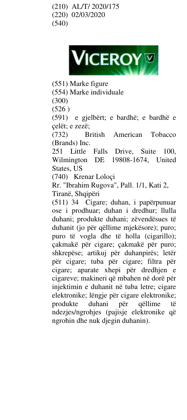 Zëri i markës Viceroy në buletin