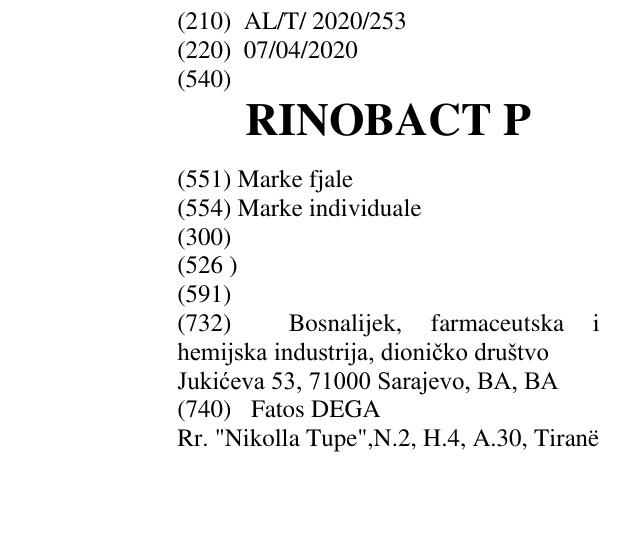 Zëri i markës RINOBACT P në buletin