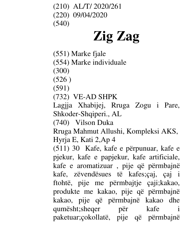 Zëri i markës Zig Zag në buletin