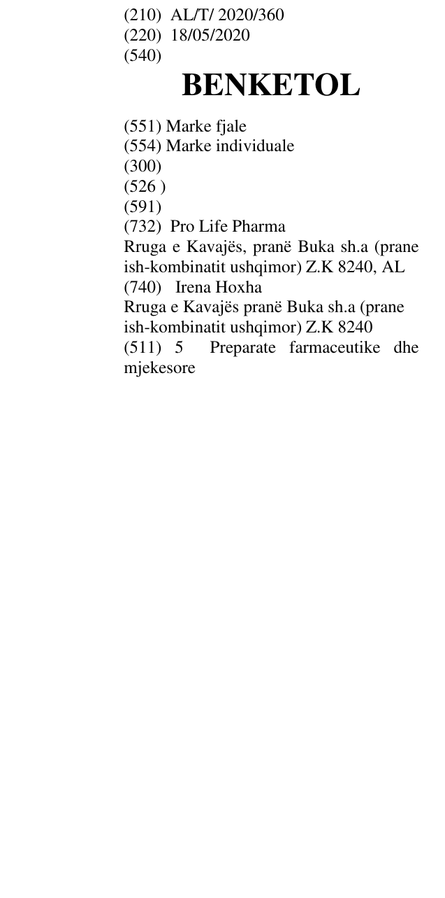 Zëri i markës BENKETOL në buletin