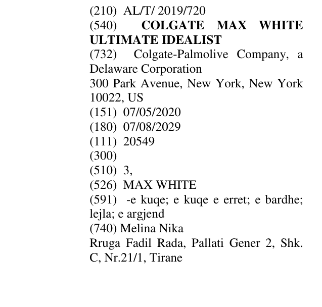 Zëri i markës COLGATE MAX WHITE ULTIMATE IDEALIST në buletin