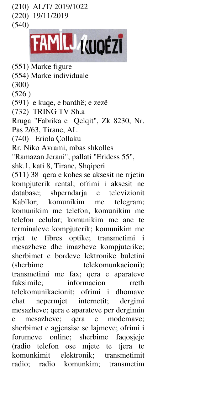Zëri i markës FAMILJA KUQÉZI në buletin