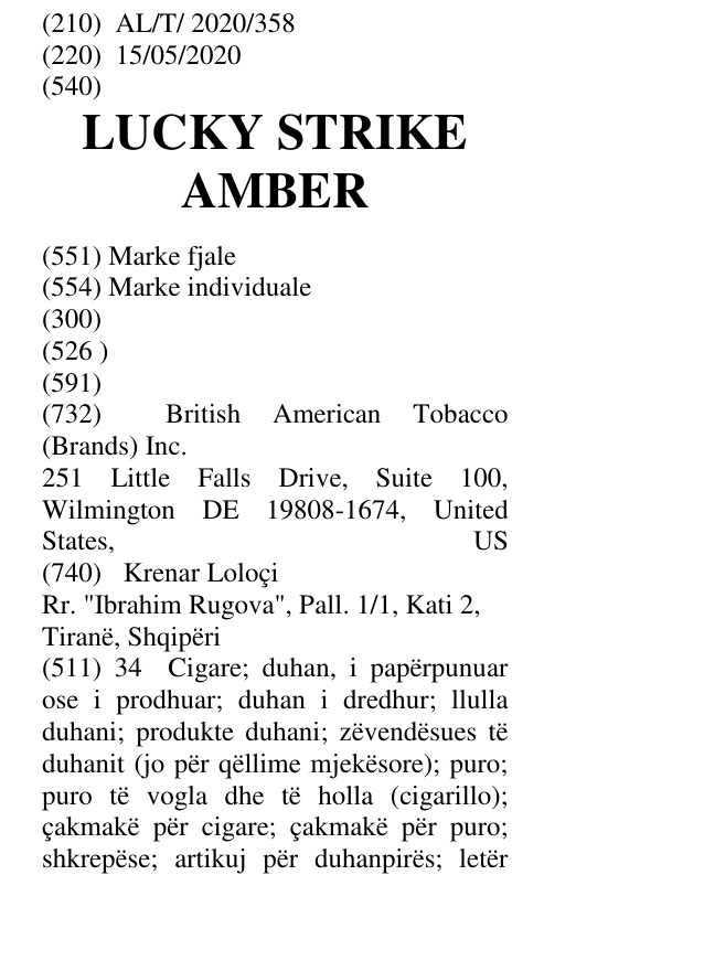 Zëri i markës LUCKY STRIKE AMBER në buletin