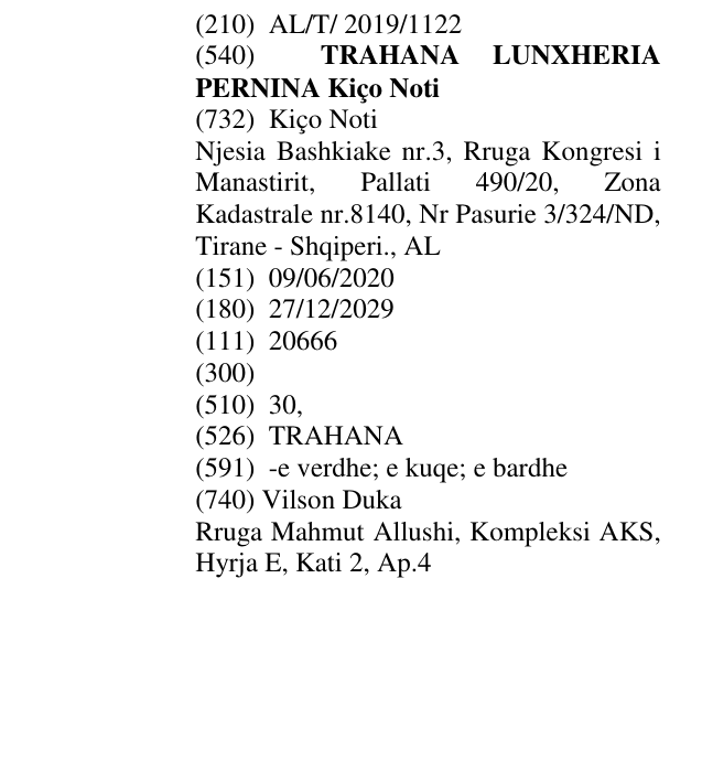 Zëri i markës TRAHANA LUNXHERIA PERNINA Kiço Noti në buletin