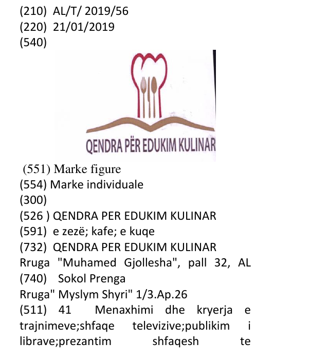 Zëri i markës QENDRA PER EDUKIM KULINAR në buletin