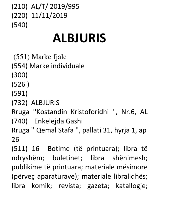 Zëri i markës ALBJURIS në buletin