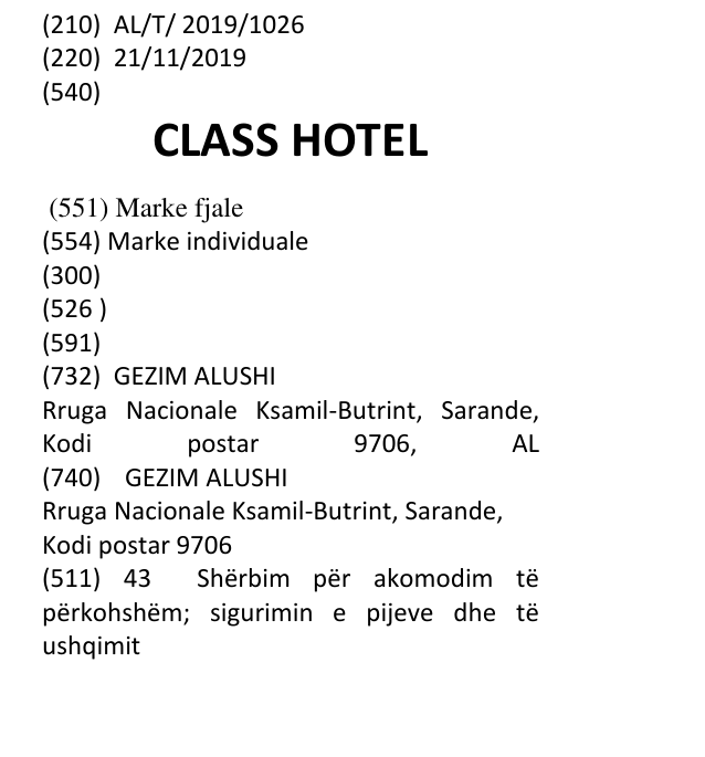 Zëri i markës CLASS HOTEL në buletin