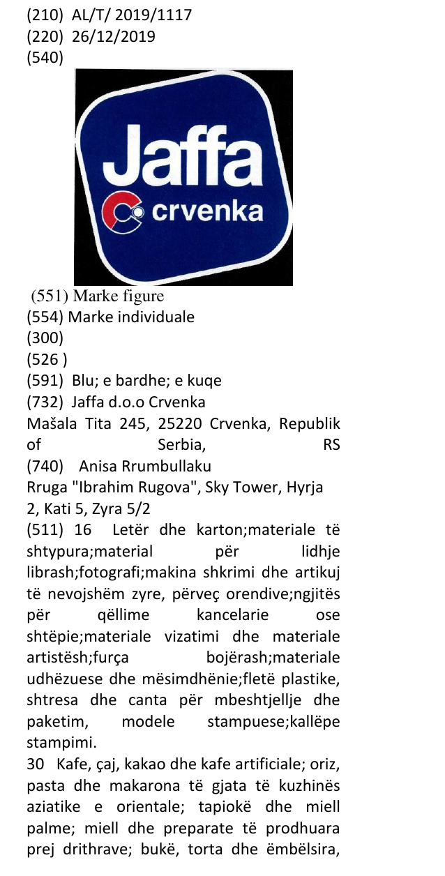 Zëri i markës Jaffa crvenka në buletin