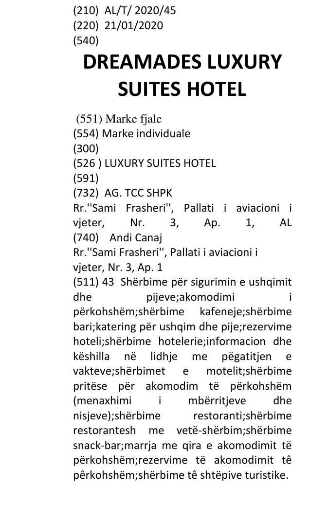 Zëri i markës DREAMADES LUXURY SUITES HOTEL në buletin