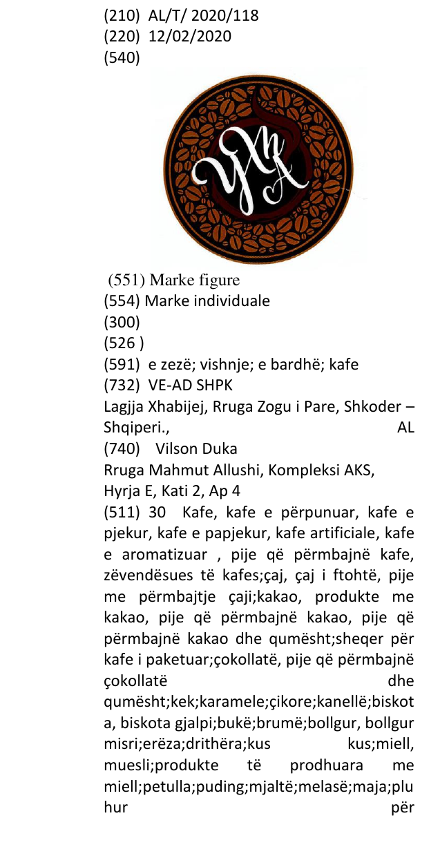 The entry of the trademark YXHA in the bulletin