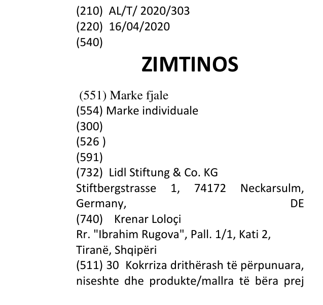 Zëri i markës ZIMTINOS në buletin