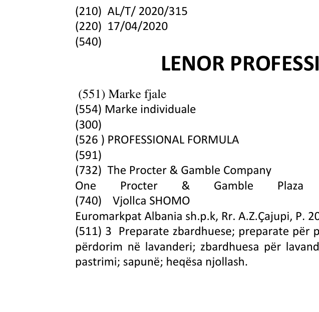 Zëri i markës LENOR PROFESSIONAL FORMULA në buletin