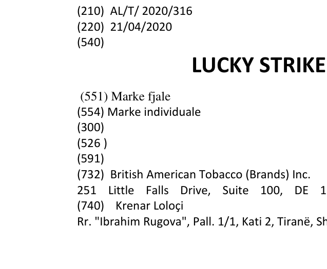 Zëri i markës LUCKY STRIKE SLOW CURED në buletin