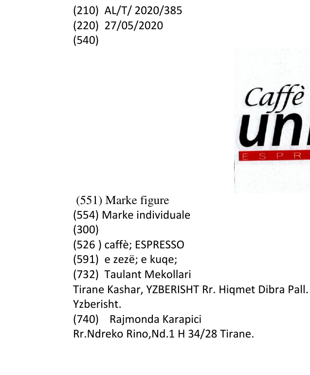 Zëri i markës caffè; ESPRESSO në buletin