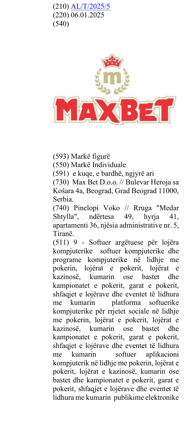 Der Eintrag der Marke MAXBET im Bulletin