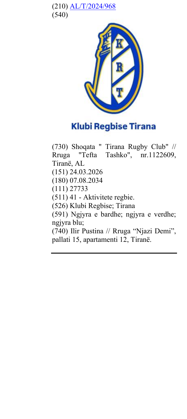 Zëri i markës Klubi Regbise; Tirana në buletin