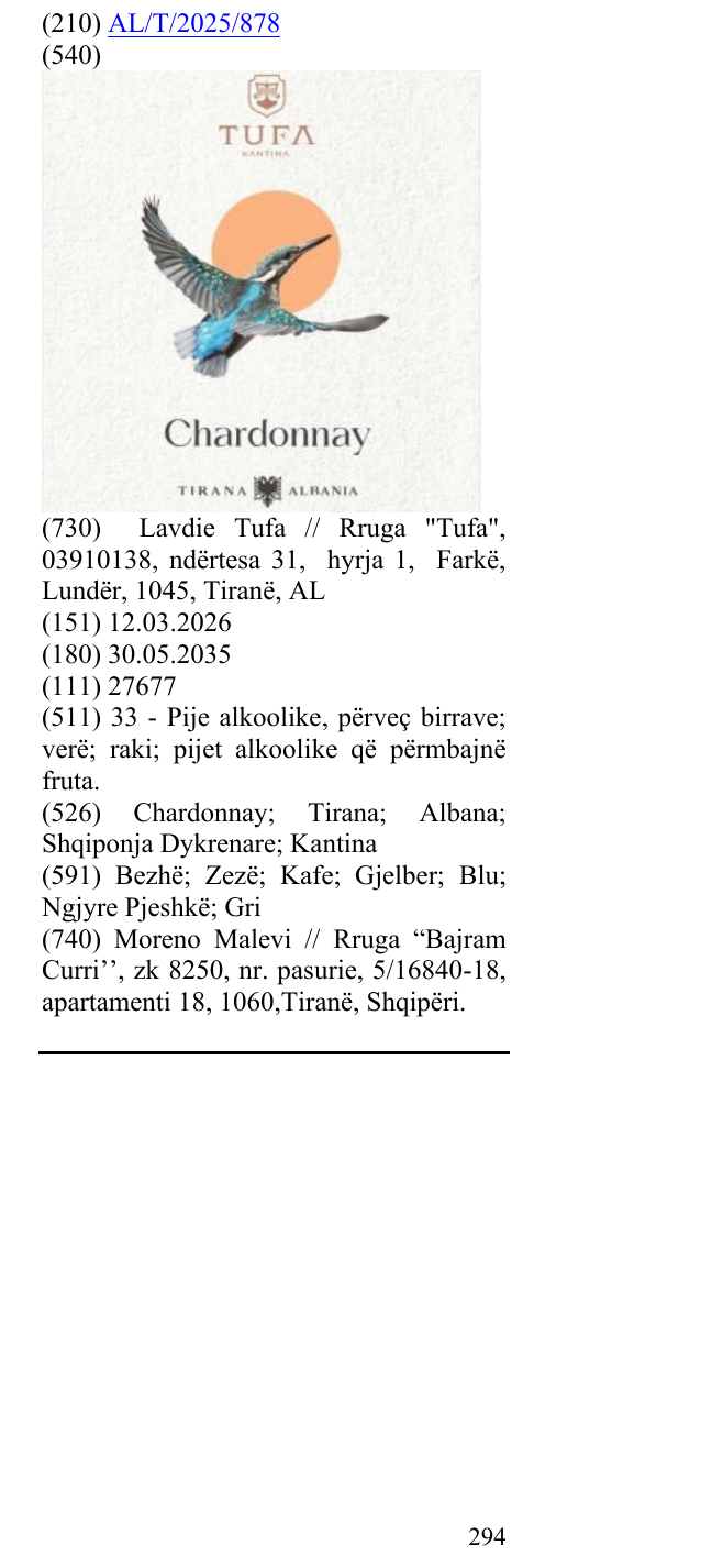 Zëri i markës Chardonnay; Tirana; Albana; Shqiponja Dykrenare; Kantina në buletin