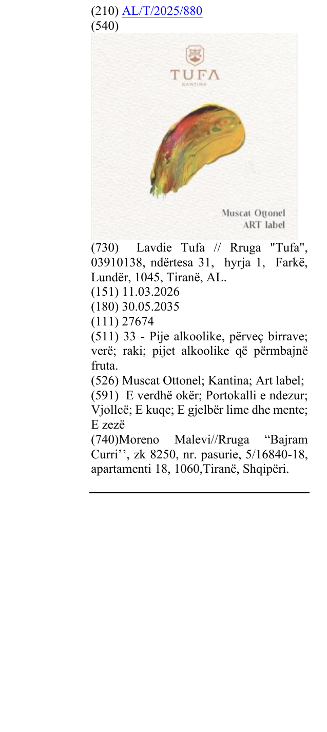 Zëri i markës Muscat Ottonel; Kantina; Art label; në buletin