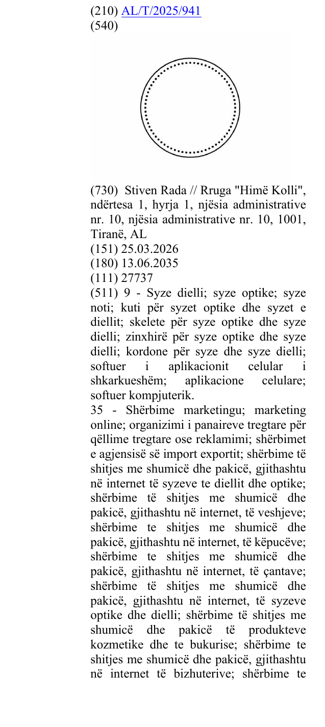 Zëri i markës AL/T/2025/941 në buletin