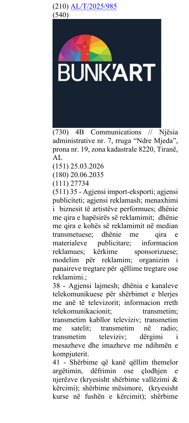 Zëri i markës BUNK'ART në buletin