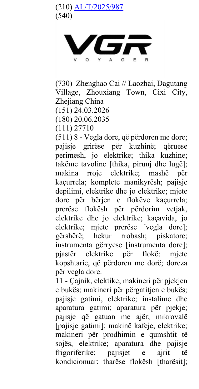 Zëri i markës VGR VOYAGER në buletin