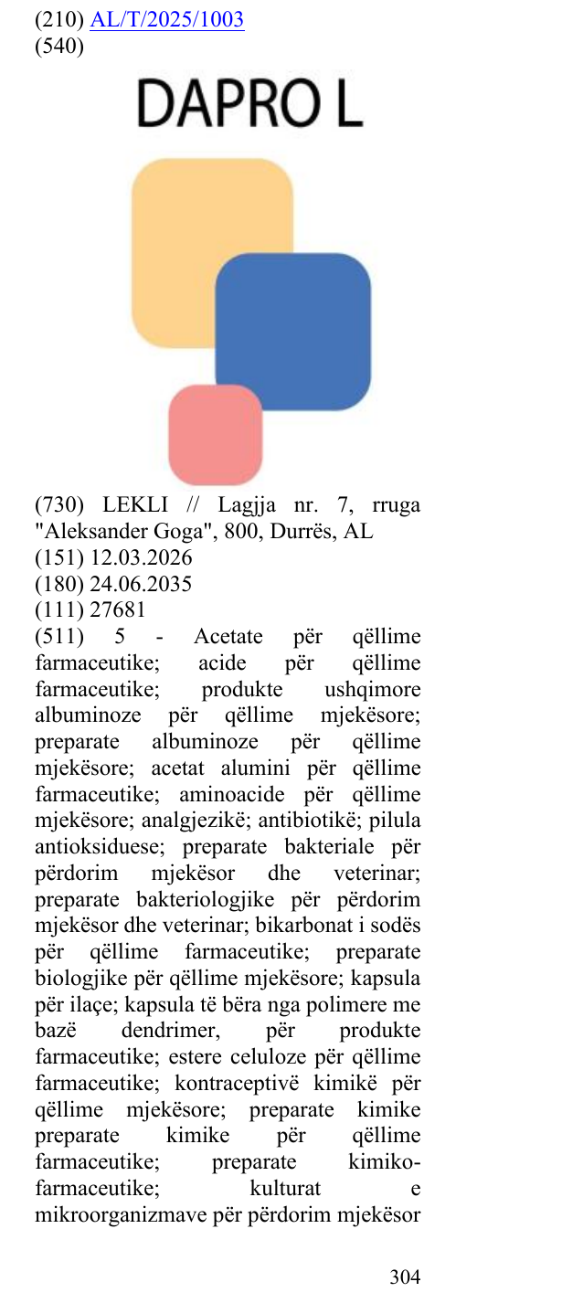 Zëri i markës DAPRO L në buletin