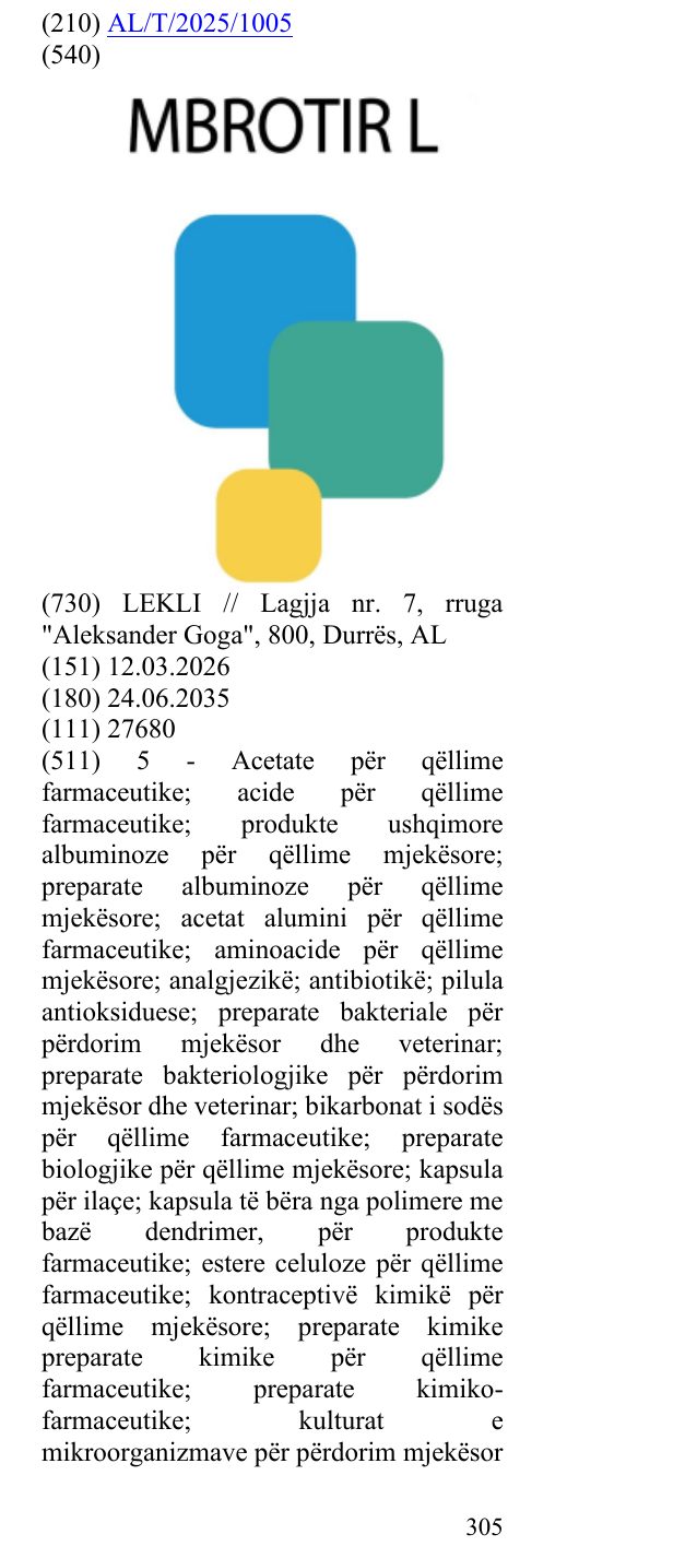 Zëri i markës MBROTIR L në buletin