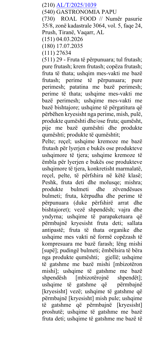 Zëri i markës GASTRONOMIA PAPU në buletin