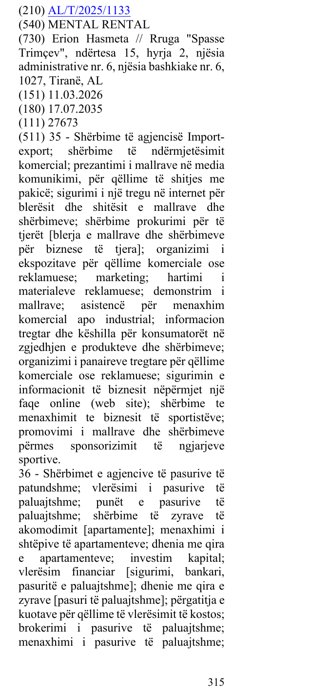 Zëri i markës MENTAL RENTAL në buletin