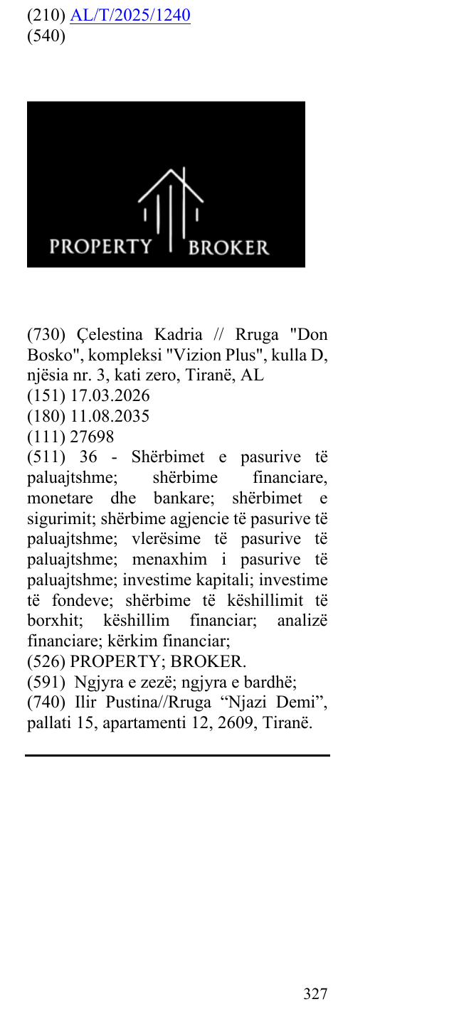 Zëri i markës PROPERTY; BROKER. në buletin