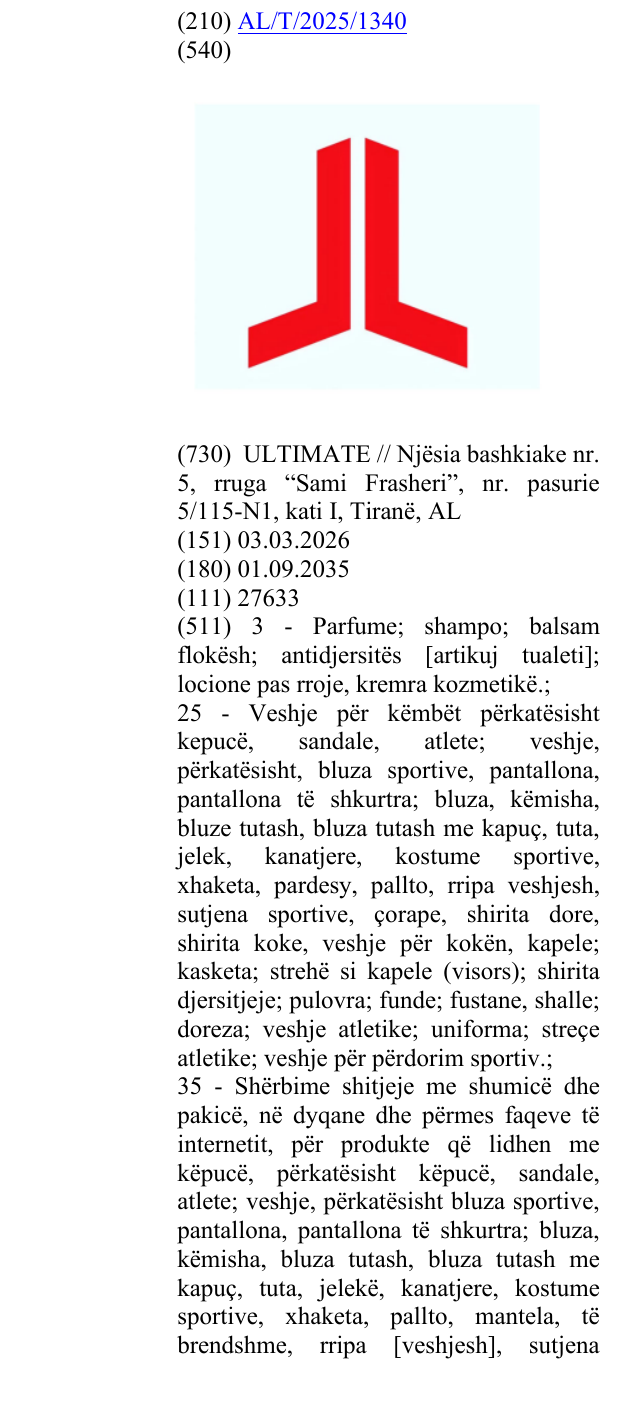 Zëri i markës AL/T/2025/1340 në buletin