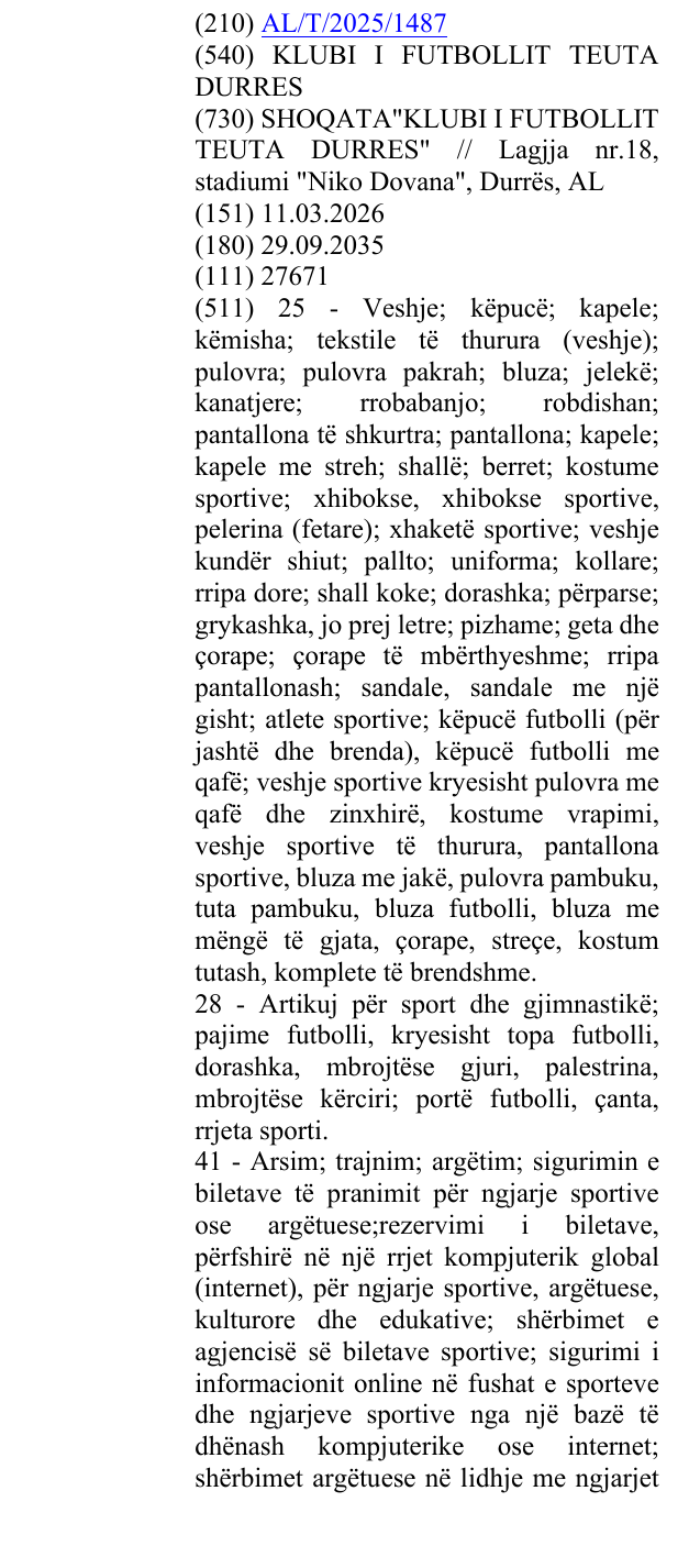Zëri i markës KLUBI I FUTBOLLIT TEUTA DURRES në buletin