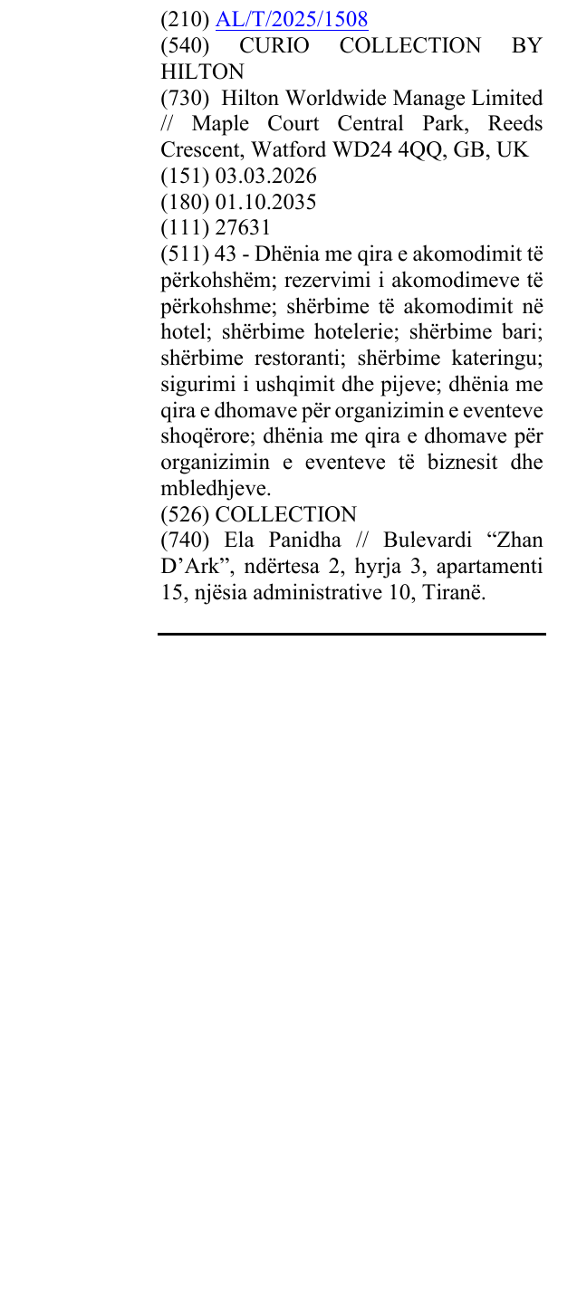 Zëri i markës CURIO COLLECTION BY HILTON në buletin