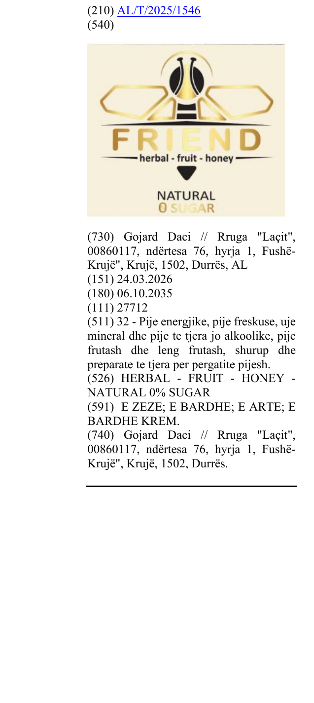 Zëri i markës HERBAL - FRUIT - HONEY - NATURAL 0% SUGAR në buletin