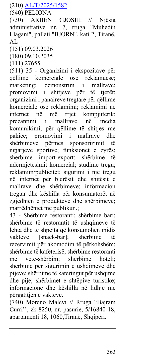 Zëri i markës PELIONA në buletin
