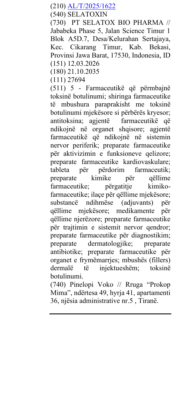 Zëri i markës SELATOXIN në buletin
