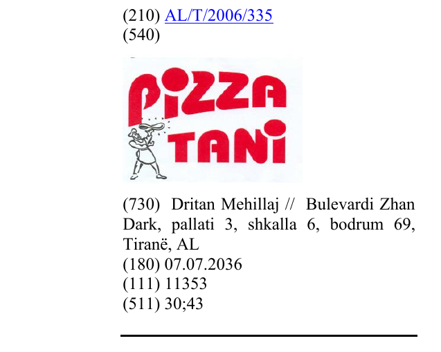 Zëri i markës PIZZA TANI në buletin