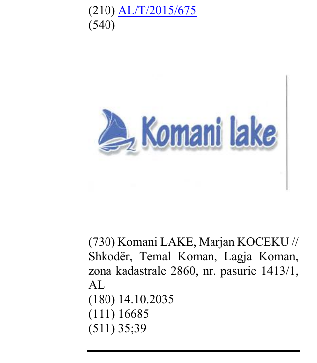 Zëri i markës Komani Lake në buletin