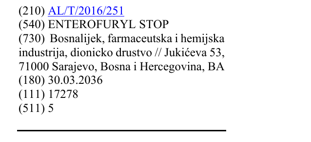 Zëri i markës ENTEROFURYL STOP në buletin