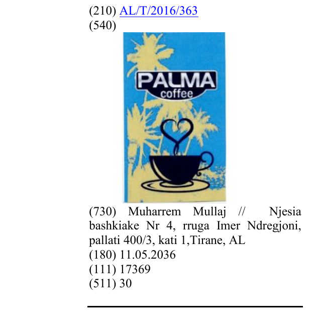 Zëri i markës PALMA coffee në buletin
