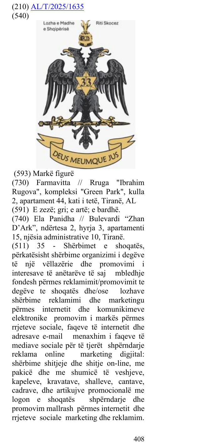 Zëri i markës Lozha e Madhe e Shqipërisë Riti Skocez në buletin