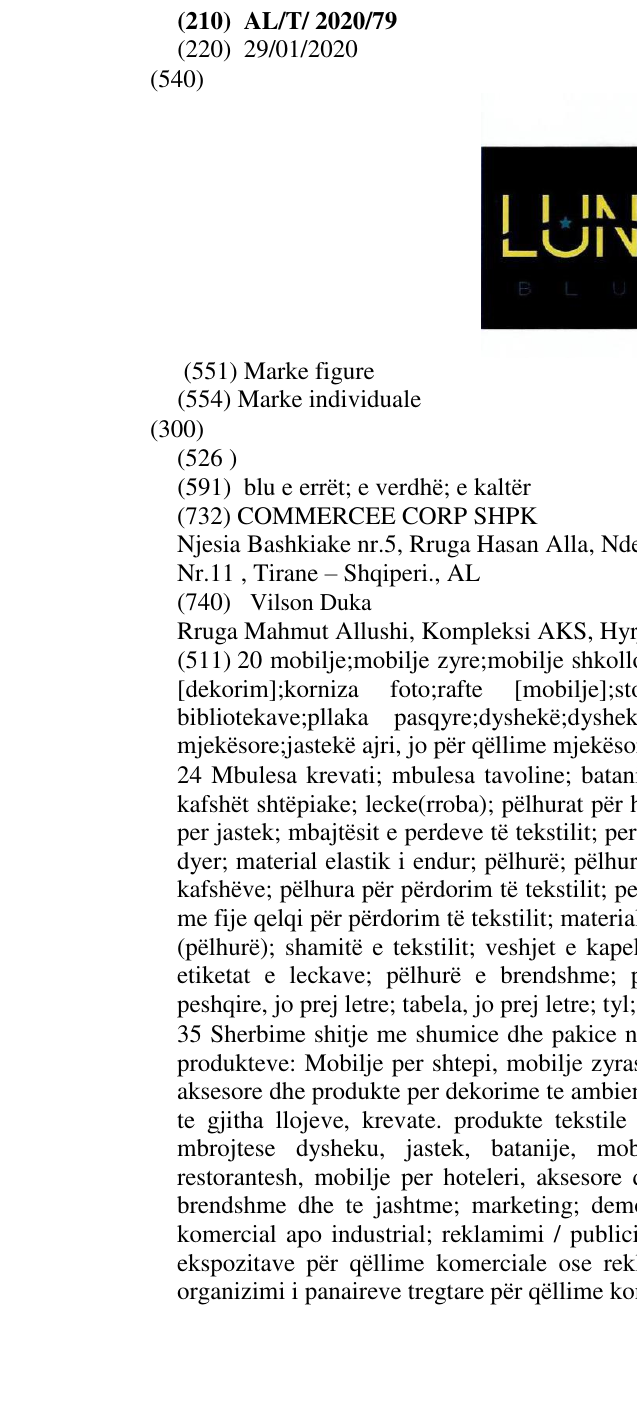 Zëri i markës LUNA BLUE në buletin