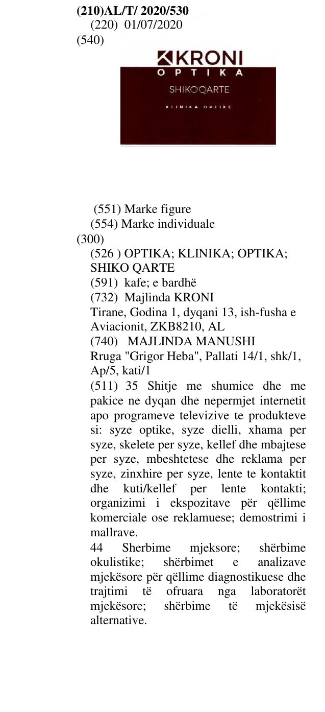 Zëri i markës OPTIKA; KLINIKA; OPTIKA; SHIKO QARTE në buletin