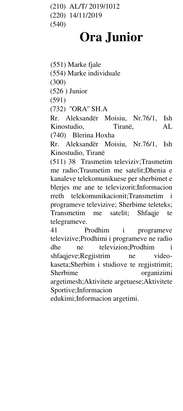 Zëri i markës Ora Junior në buletin