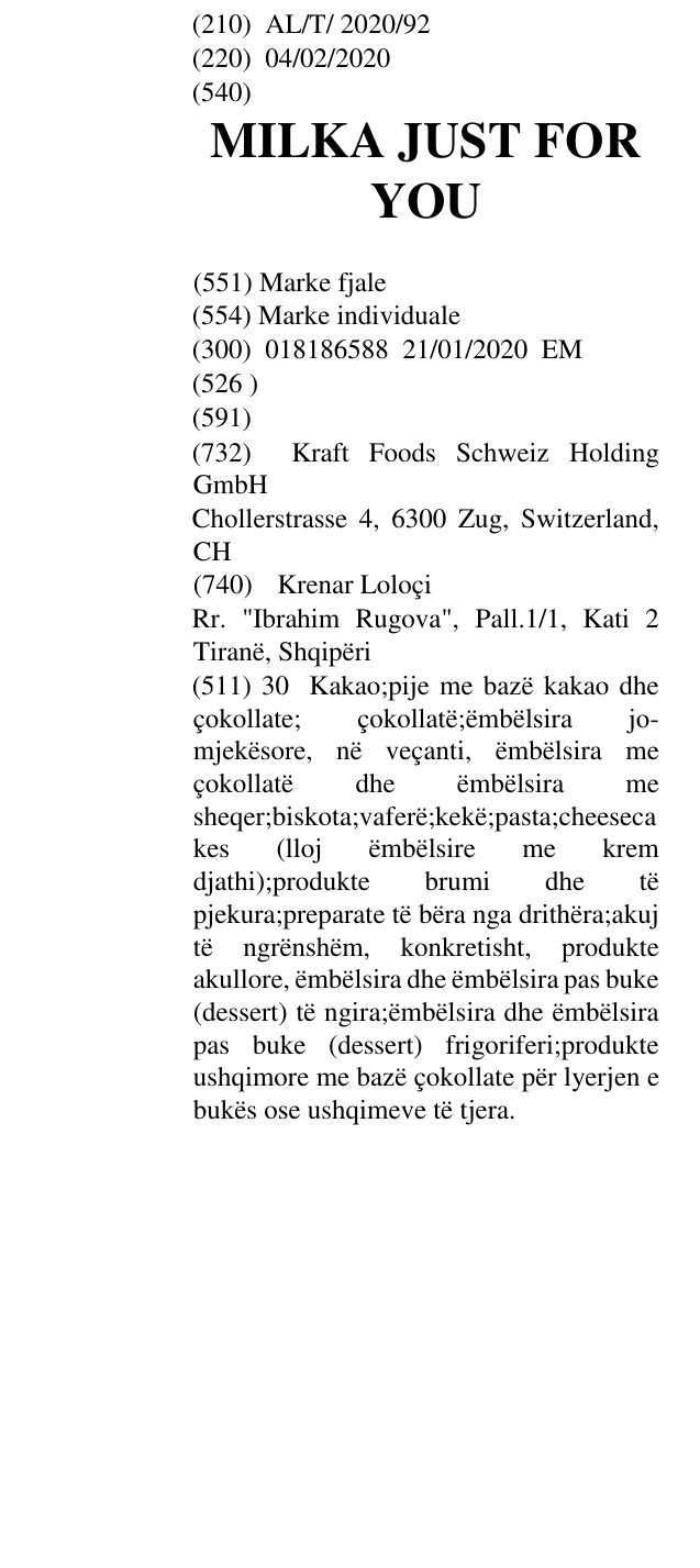 Zëri i markës MILKA JUST FOR YOU në buletin