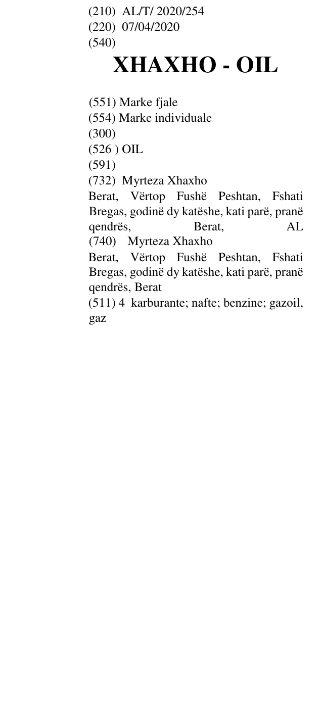 Zëri i markës XHAXHO - OIL në buletin