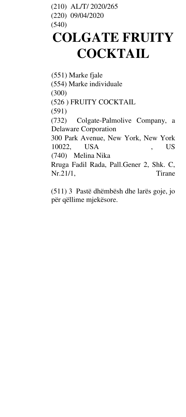 Zëri i markës COLGATE FRUITY COCKTAIL në buletin