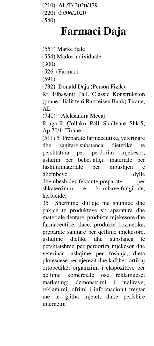 Zëri i markës Farmaci Daja në buletin